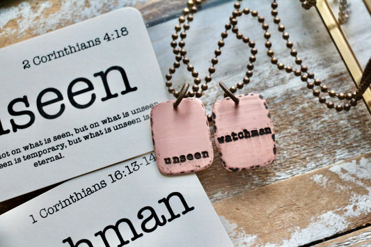 SMALL RECTANGLE custom OLW hand-stamped copper necklace with mini flashcard