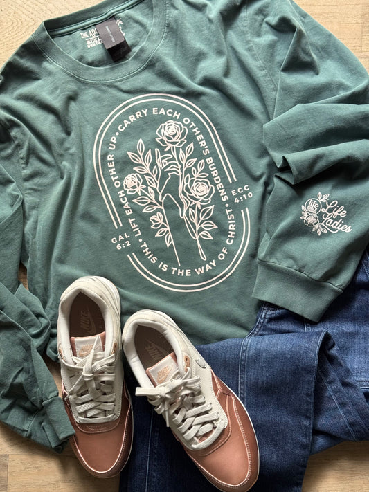 LIFT EACH OTHER UP long sleeve garment dyed cotton t-shirt