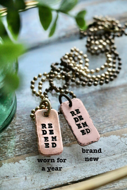 LONG TEARDROP custom OLW hand-stamped copper necklace with mini flashcard