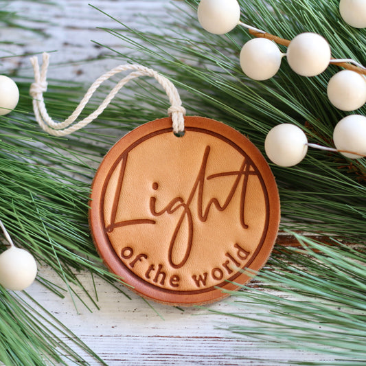 Light of the world - leather hand-stamped ornament