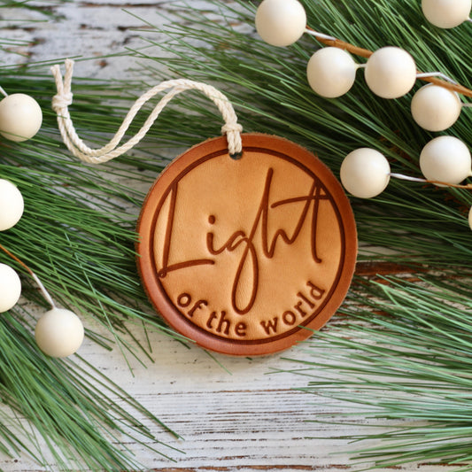 Light of the world - leather hand-stamped ornament