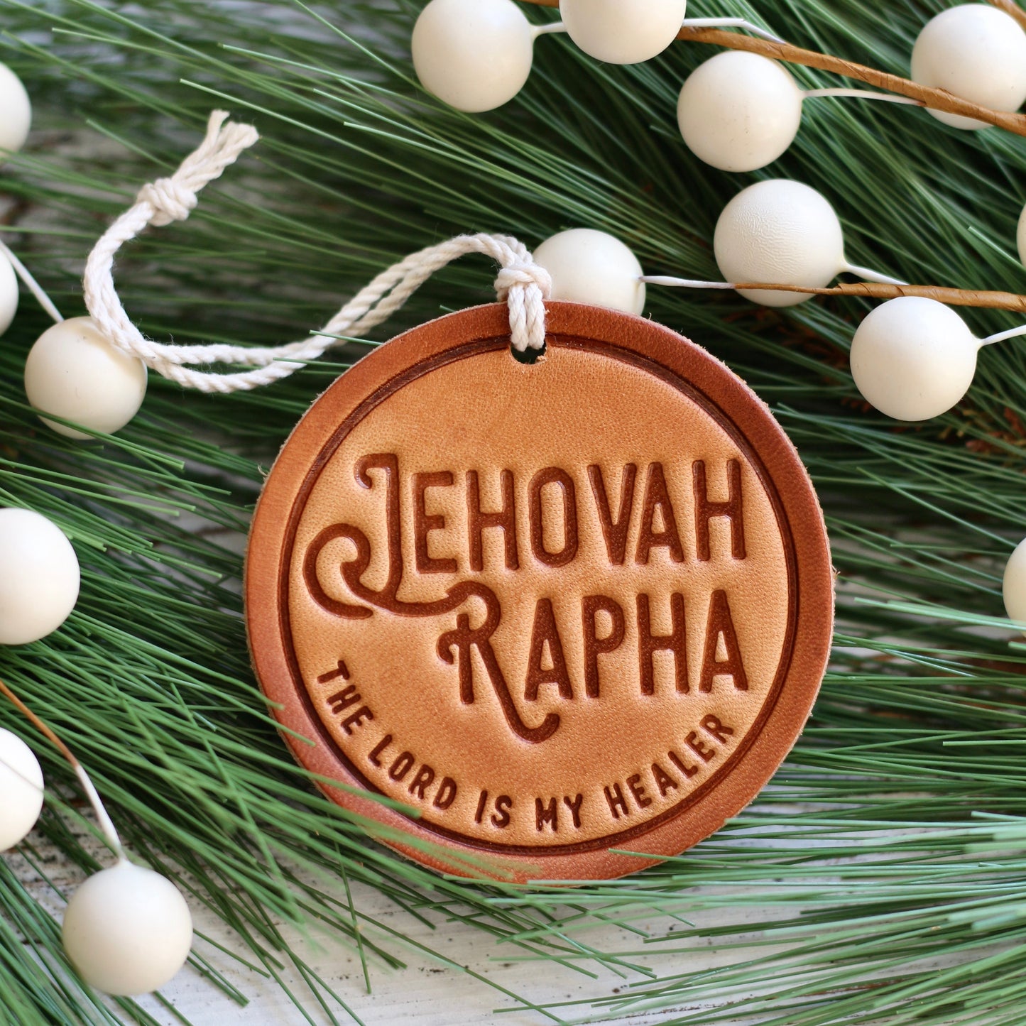 Jehovah Rapha - the Lord is my healer - leather hand-stamped ornament