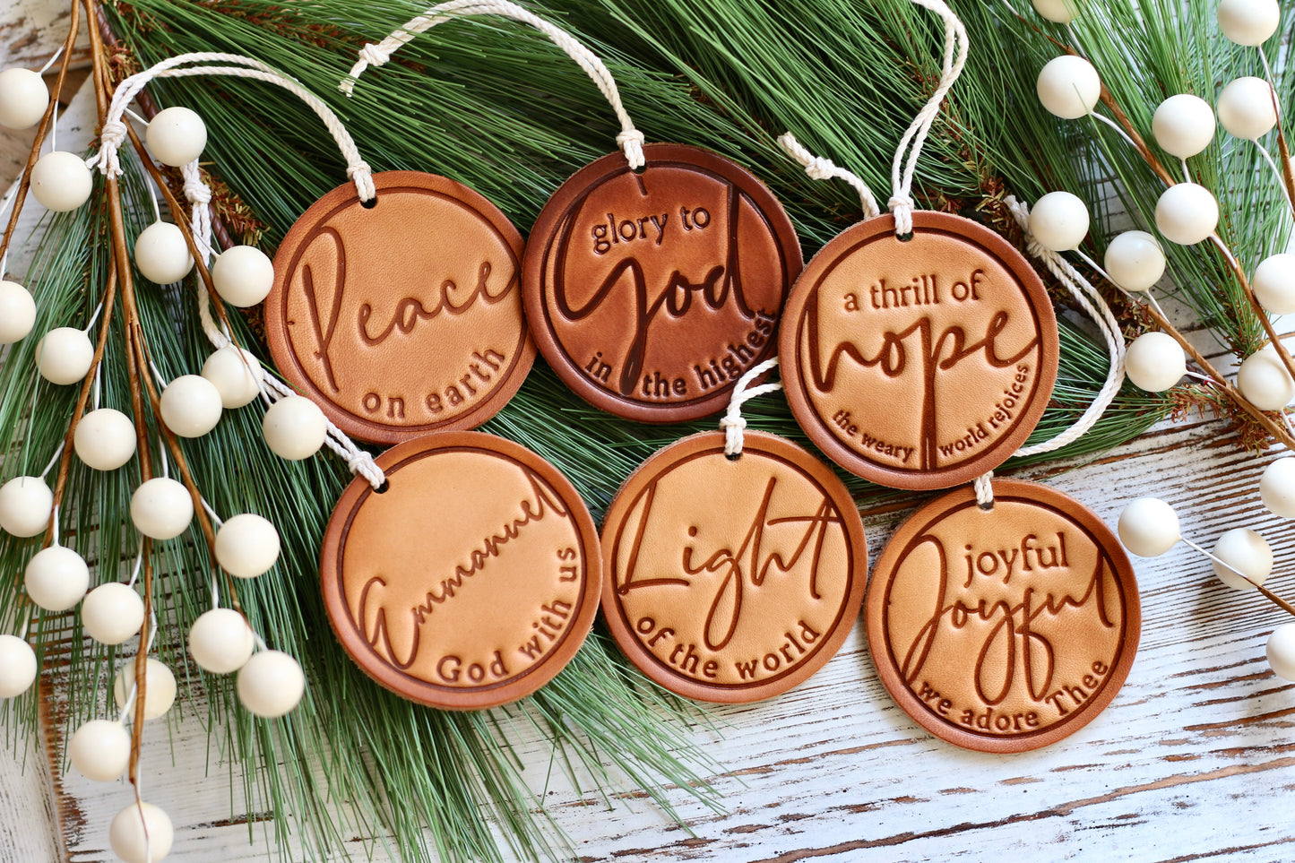 peace on earth - leather hand-stamped ornament