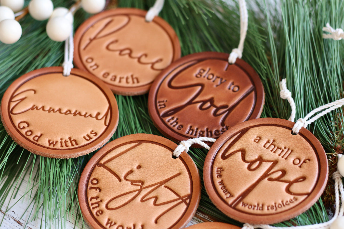 peace on earth - leather hand-stamped ornament
