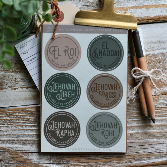 Names of God • El Roi • Jehovah Jireh • Jehovah Rapha • Jehovah Rohi • Jehovah Nissi • El Shaddai waterproof vinyl sticker decal sheet