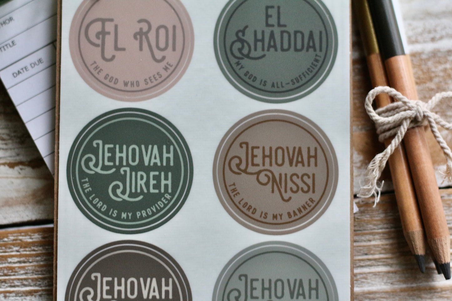 Names of God • El Roi • Jehovah Jireh • Jehovah Rapha • Jehovah Rohi • Jehovah Nissi • El Shaddai waterproof vinyl sticker decal sheet