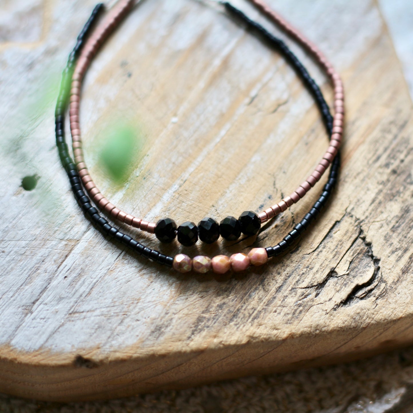 dainty silk cord adjustable beaded bracelet (black/blush)