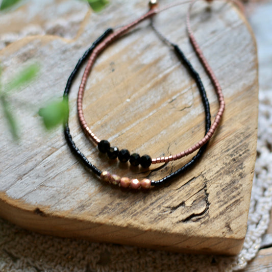 dainty silk cord adjustable beaded bracelet (black/blush)