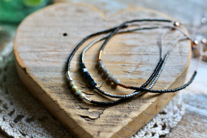 dainty silk cord adjustable beaded bracelet (black)