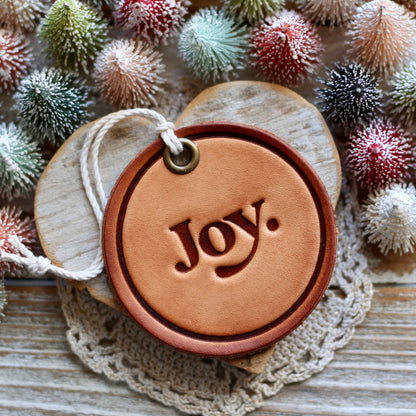 leather hand-stamped ornament - Joy
