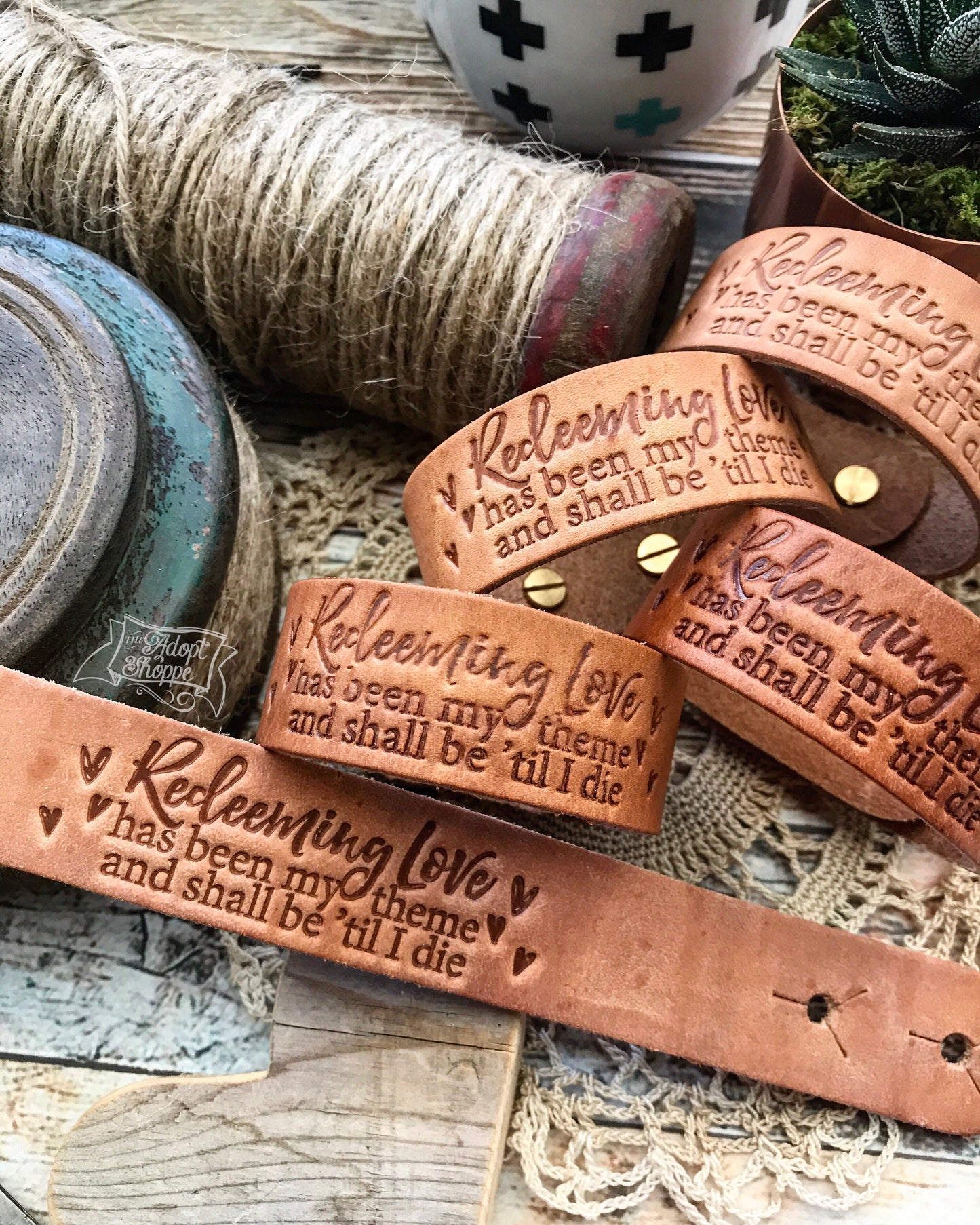 redeeming love has been my theme and shall be 'til i die hymn (natural camel) leather cuff