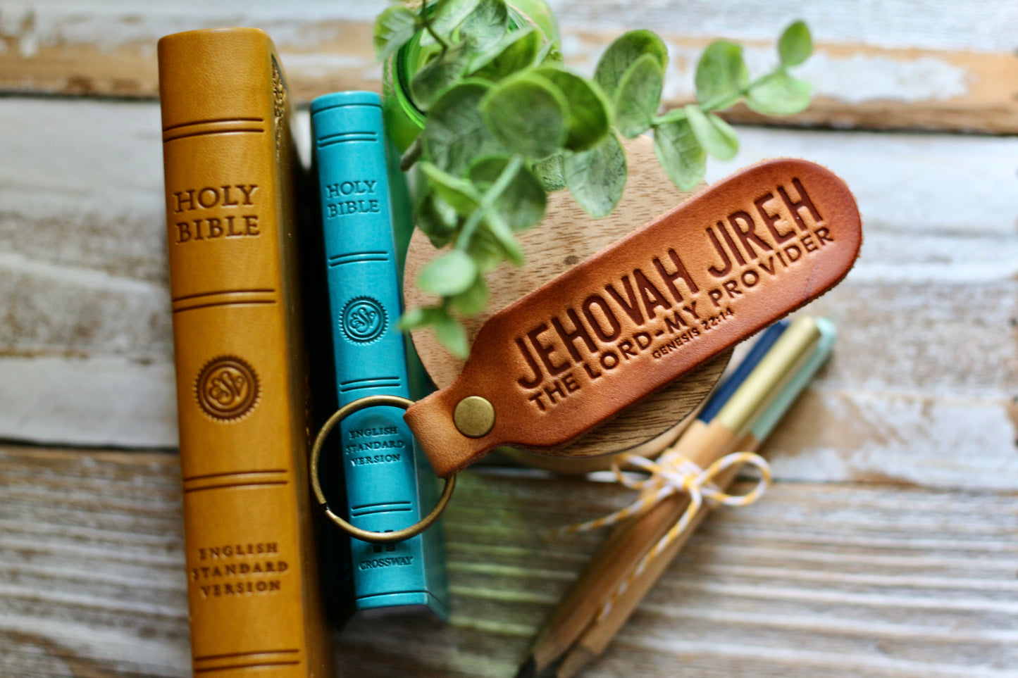 Jehovah Jireh - the Lord - my provider {Genesis 22:14} leather keyring (camel/natural)