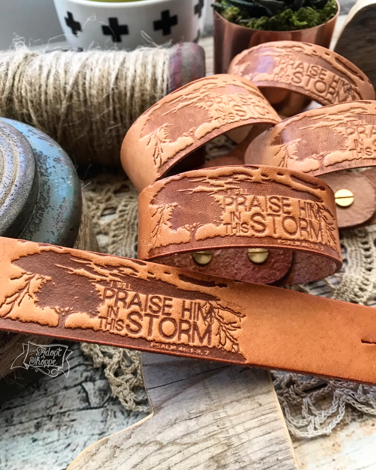 i will praise Him in this storm (camel/natural) leather cuff