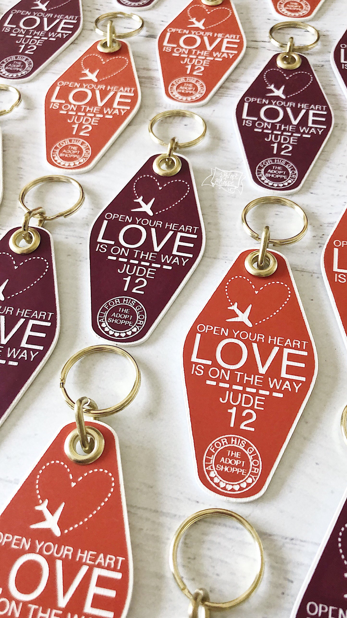 open your heart LOVE is on the way orange maroon white retro motel key tag fob