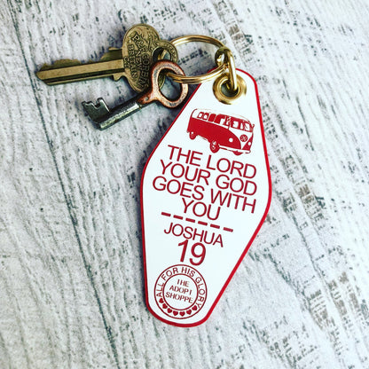 the Lord your God goes with you VW bus van red white retro motel key tag fob