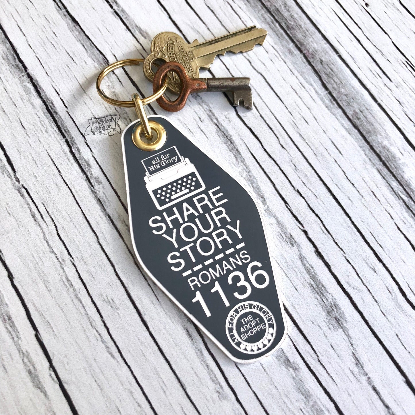 share your story typewriter grey retro motel key tag fob