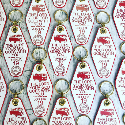 the Lord your God goes with you VW bus van red white retro motel key tag fob