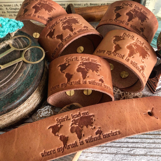 Spirit, lead me where my trust is without borders (Hillsong oceans) (camel/natural) leather cuff