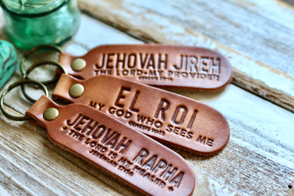 Jehovah Rapha - the Lord is my healer {Jeremiah 17:14} leather keyring (camel/natural)