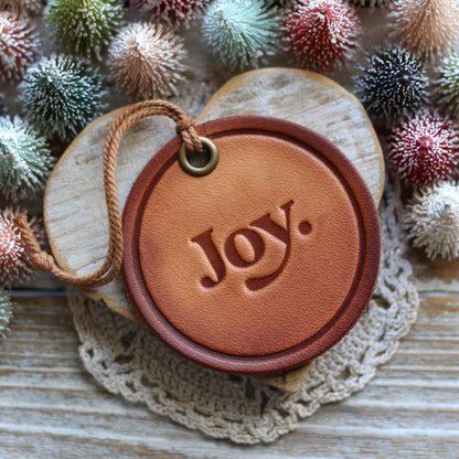 leather hand-stamped ornament - Joy