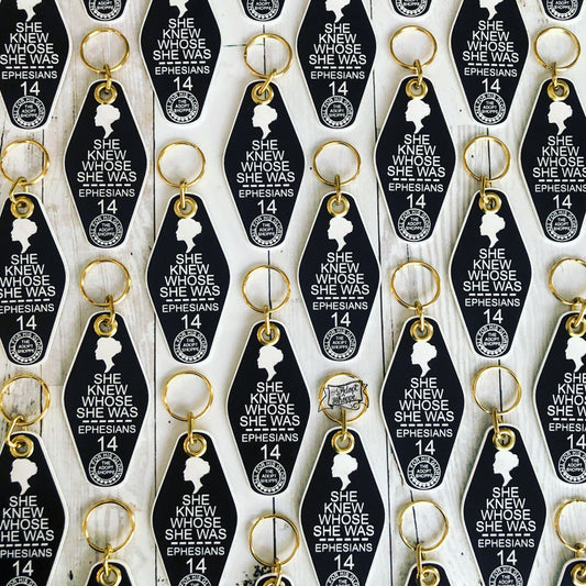 she knew Whose she was black white retro motel key tag fob