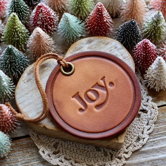 leather hand-stamped ornament - Joy