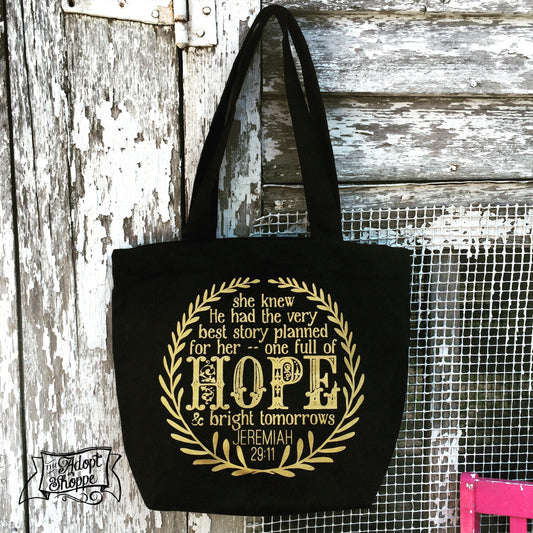 hope and a future Jeremiah 29:11 gold foil black fair trade tote bag