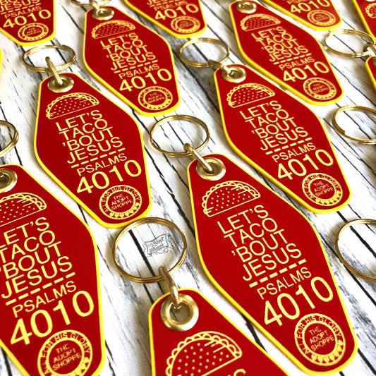 let's taco 'bout Jesus red retro motel key tag fob