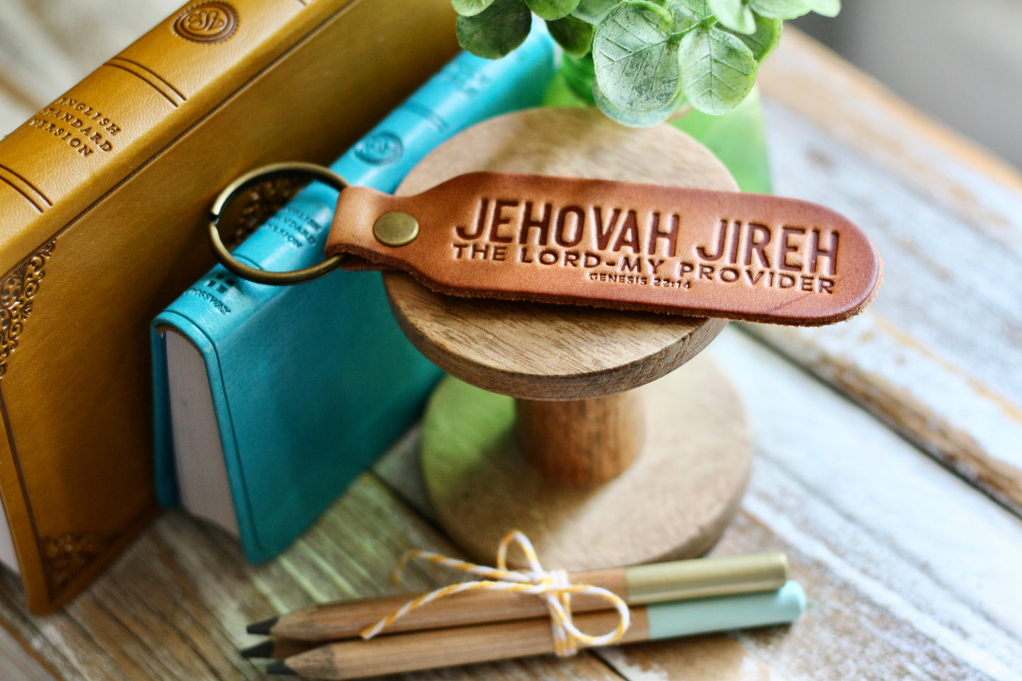Jehovah Jireh - the Lord - my provider {Genesis 22:14} leather keyring (camel/natural)
