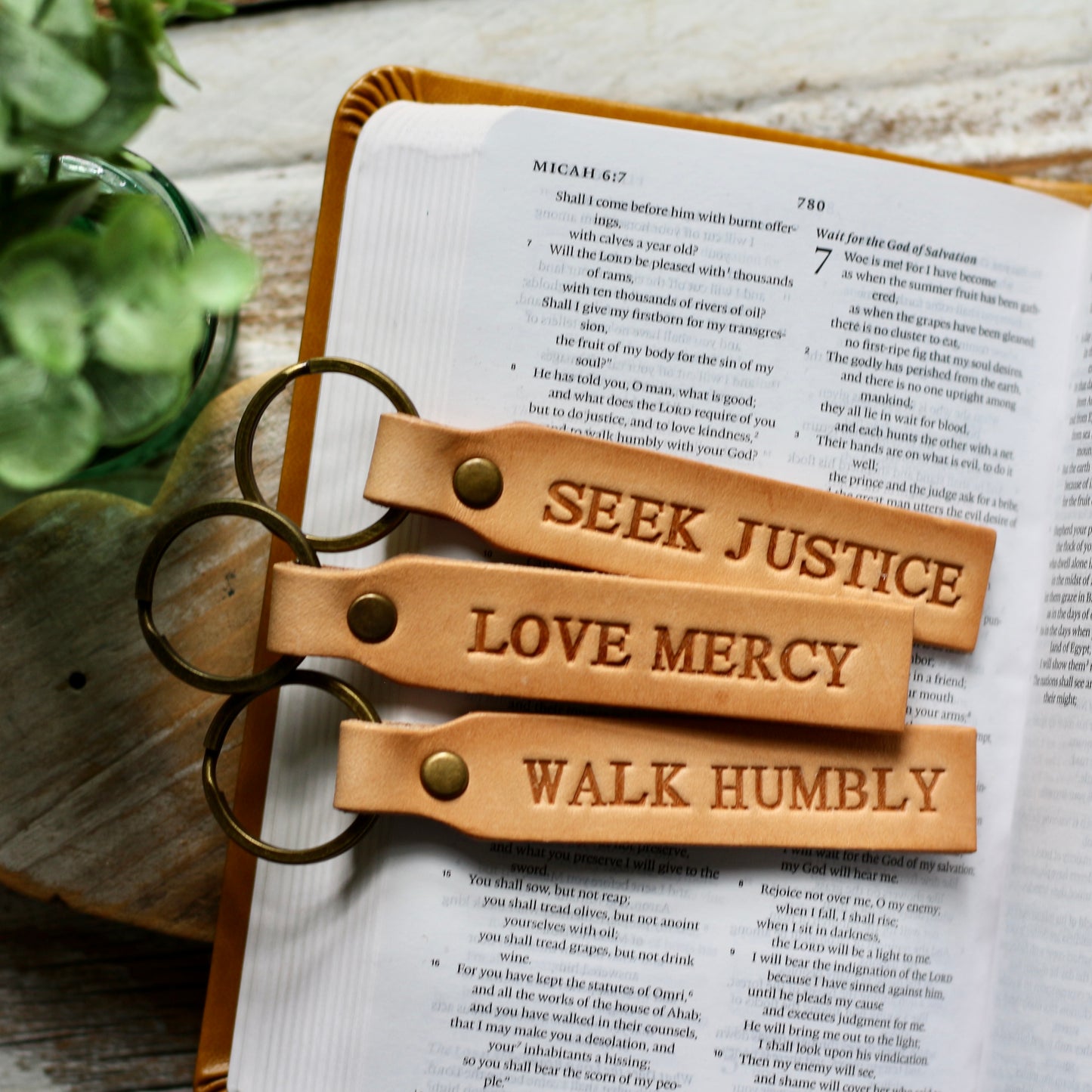 SEEK JUSTICE / LOVE MERCY / WALK HUMBLY leather keyring (camel/natural)