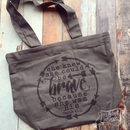 she could be BRAVE grey fair trade tote bag