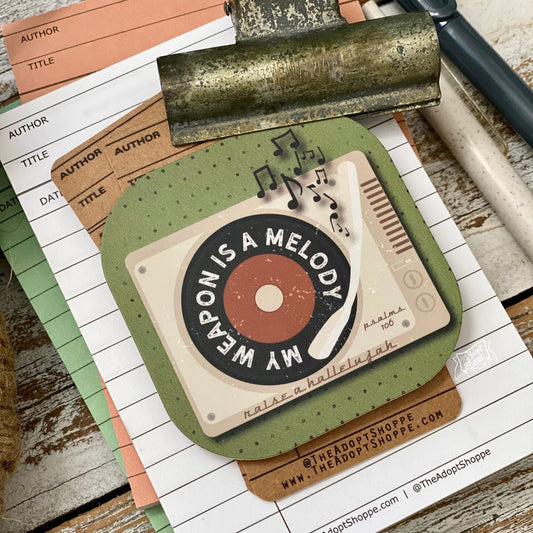 my weapon is a melody raise a hallelujah vintage record player #TheAdoptShoppecard