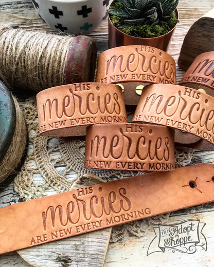 His mercies are new every morning (camel/natural) leather cuff
