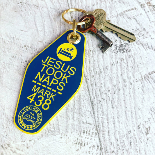 Jesus took naps blue yellow retro motel key tag fob