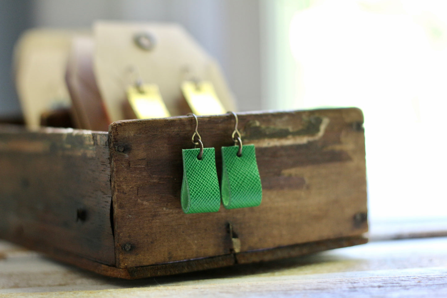 simple loop genuine leather earrings in matte green crosshatch