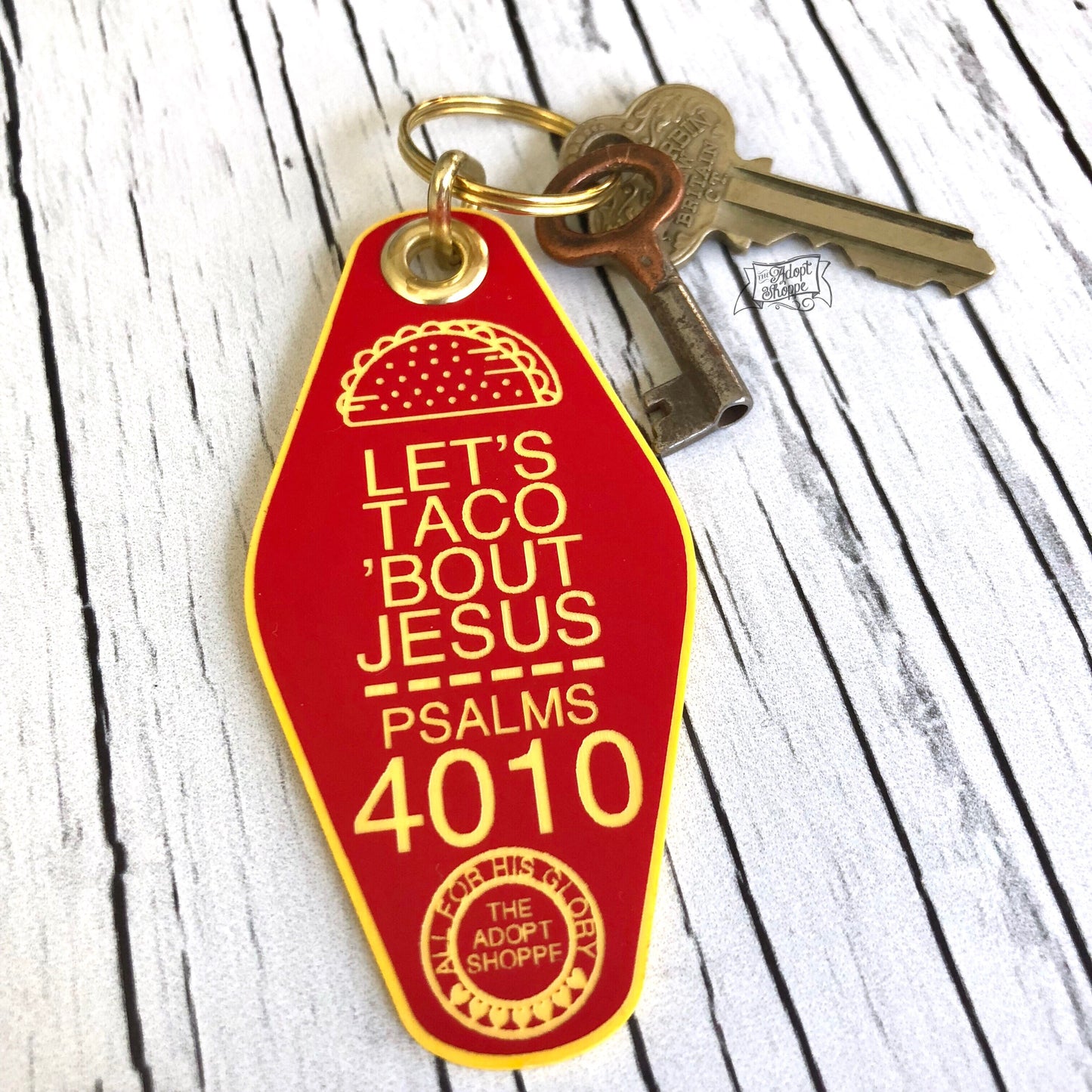 let's taco 'bout Jesus red retro motel key tag fob