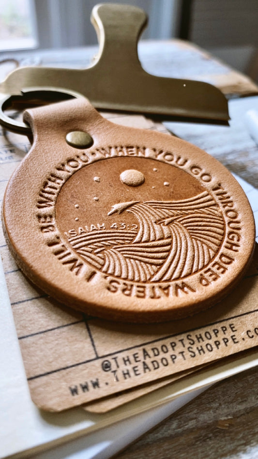 DEEP WATERS (Isaiah 43:2) leather keyring (camel/natural)