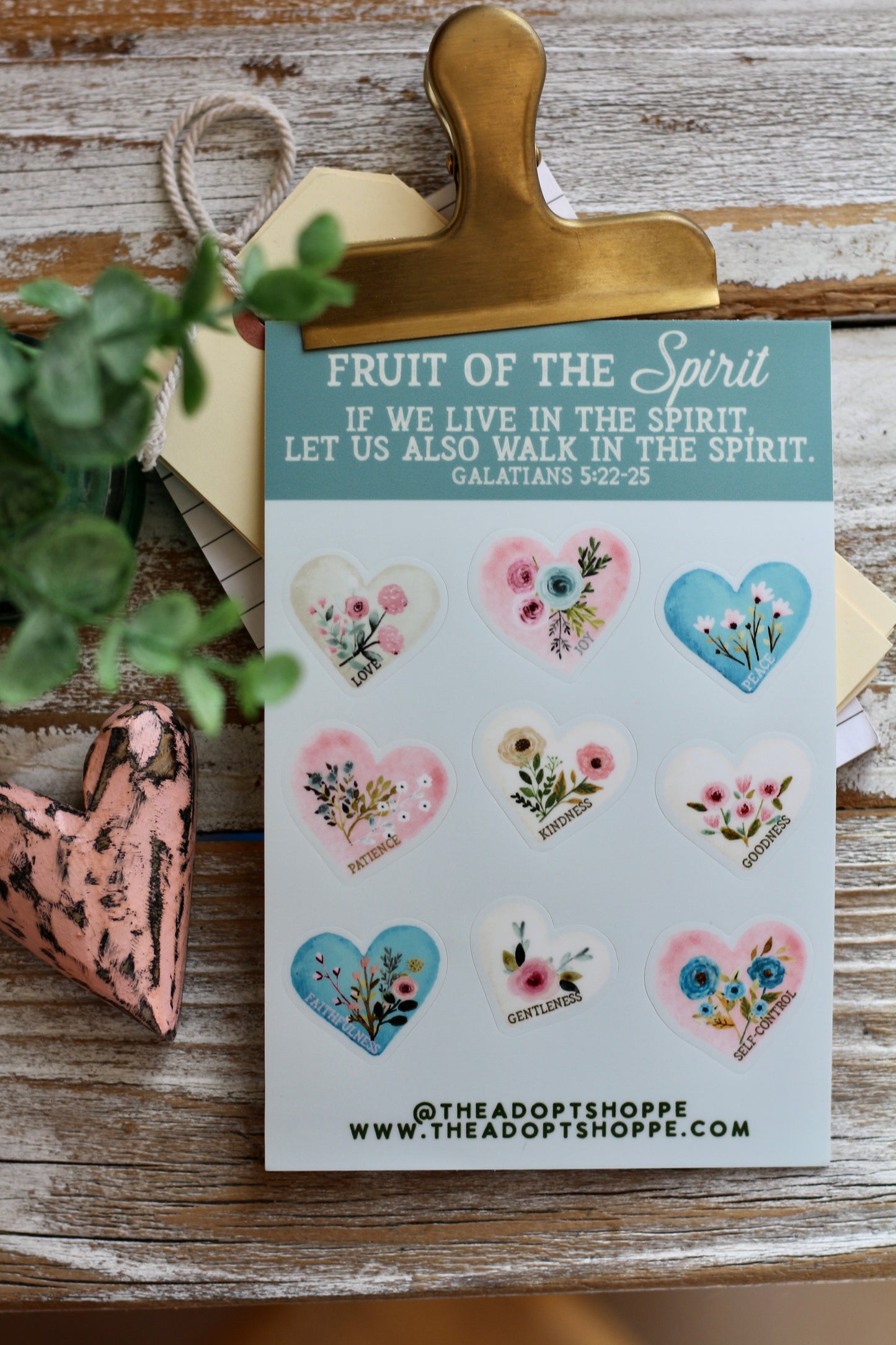 fruit of the Spirit floral heart (Galatians 5:22-25) waterproof vinyl sticker decal sheet