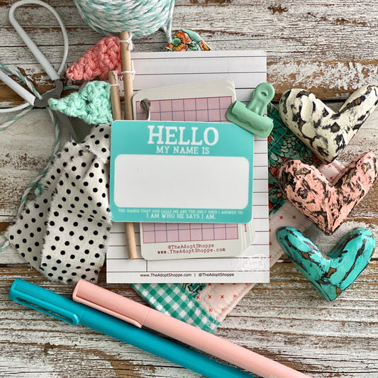 I am who He says I am turquoise nametag vinyl sticker (hello my name is)