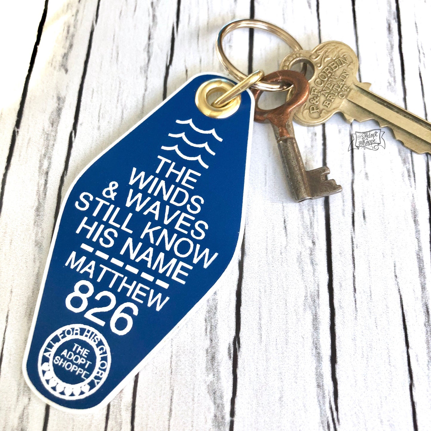 the winds and waves still know His name blue retro motel key tag fob