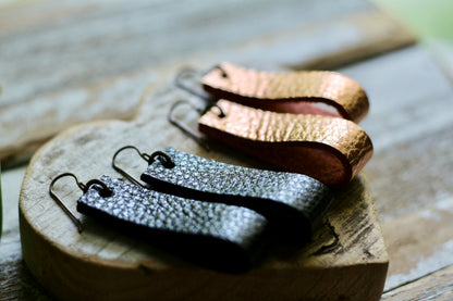 simple loop genuine leather earrings in shimmery charcoal grey