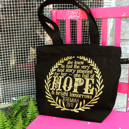 hope and a future Jeremiah 29:11 gold foil black fair trade tote bag