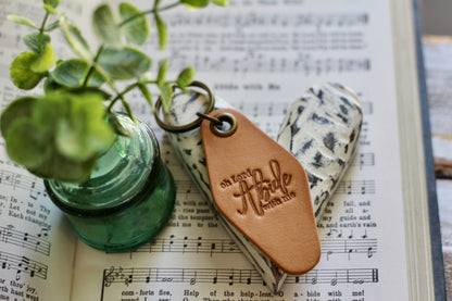oh Lord, abide with me retro motel hymn leather keyring (camel/natural)