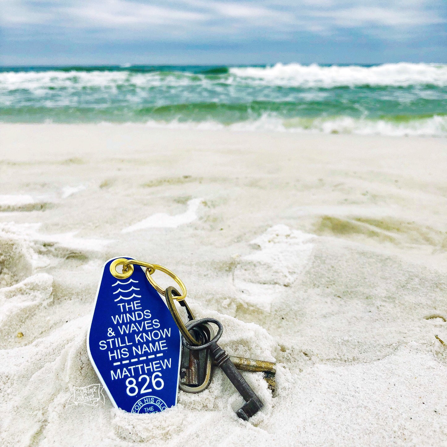 the winds and waves still know His name blue retro motel key tag fob