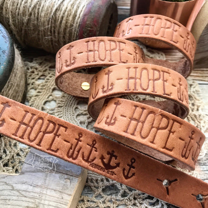 hope many anchors Hebrews 6:19 (camel/natural) leather cuff