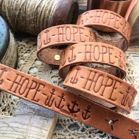 hope many anchors Hebrews 6:19 (camel/natural) leather cuff