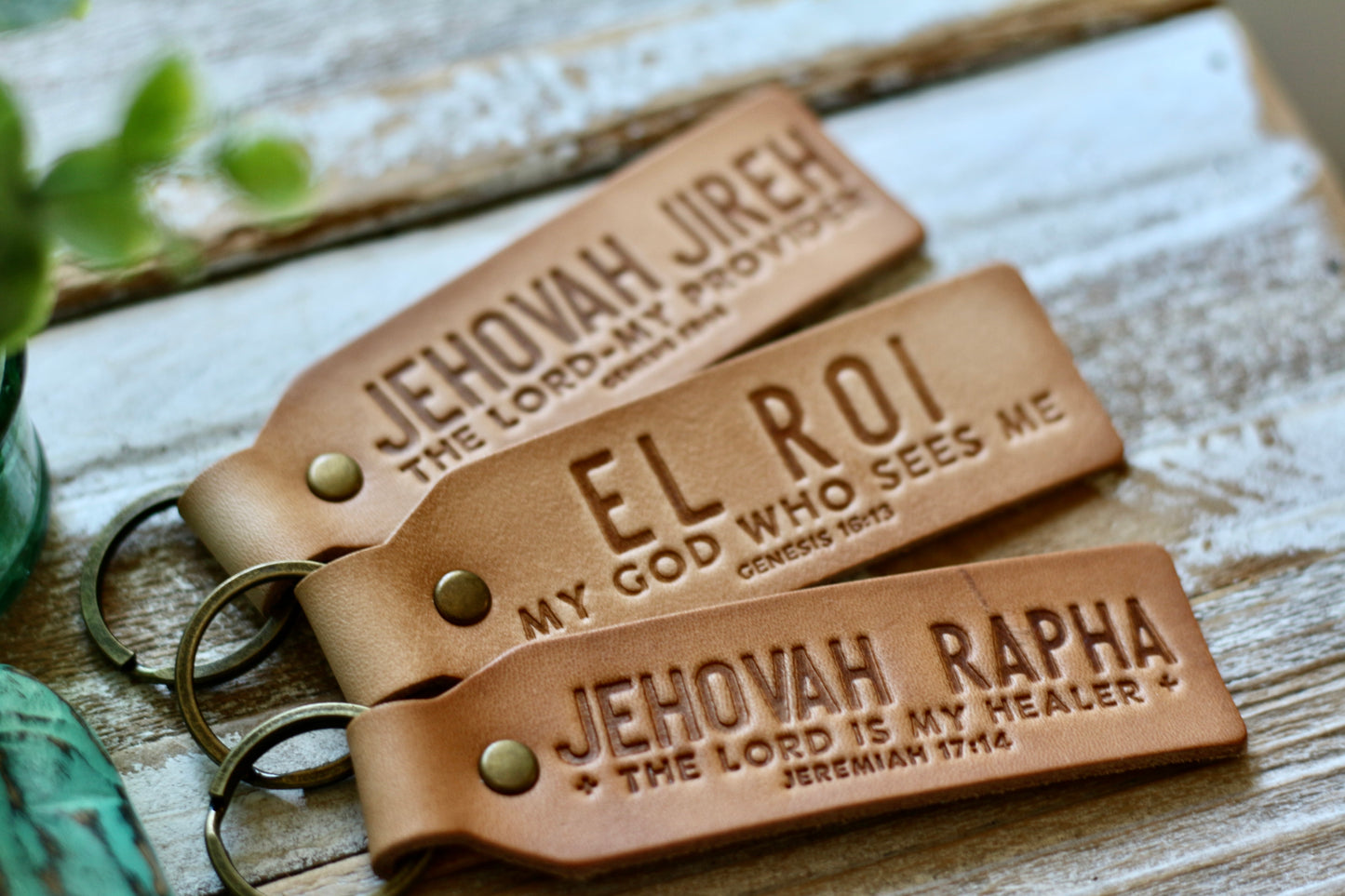 Jehovah Rapha - the Lord is my healer {Jeremiah 17:14} leather keyring (camel/natural)