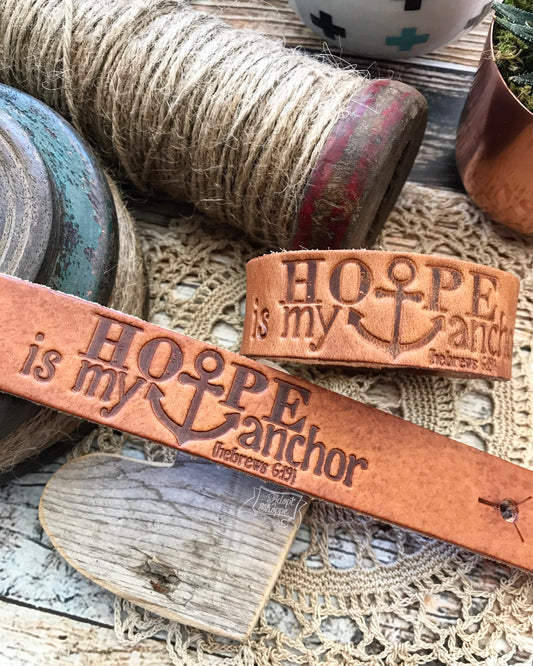 hope is my anchor (Hebrews 6:19) (camel/natural) leather cuff