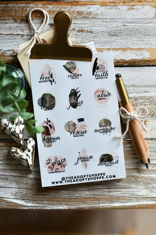 little words and watercolor waterproof vinyl sticker decal sheet