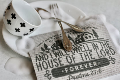 surely goodness & mercy will follow me - I will dwell in the house of the Lord forever (Psalms 23:6) - Swedish dishcloth